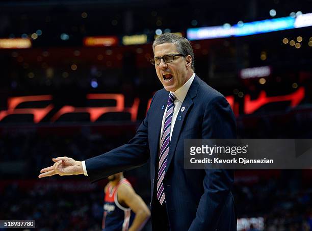 Head coach Randy Wittman of the Washington Wizards yells at the referee during the first half of the basketball game against Los Angeles Cippers at...