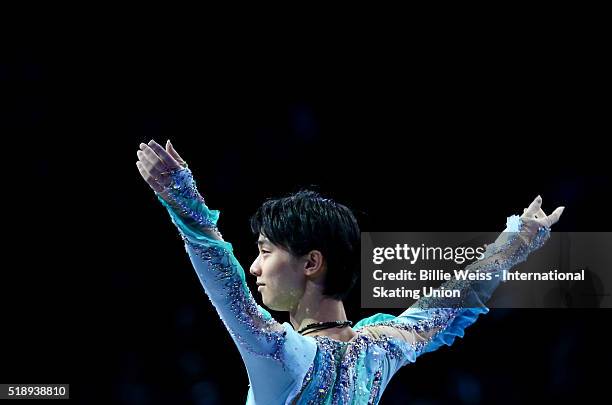 Yuzuru Hanyu of Japan performs during the exhibition of champions during Day 7 of the ISU World Figure Skating Championships 2016 at TD Garden on...