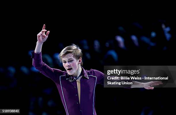 Mikhail Kolyada of Russia performs during the exhibition of champions during Day 7 of the ISU World Figure Skating Championships 2016 at TD Garden on...