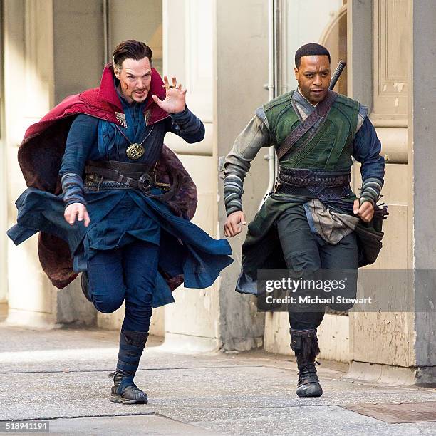 Actors Benedict Cumberbatch and Chiwetel Ejiofor are seen filming "Doctor Strange" on April 3, 2016 in New York City.