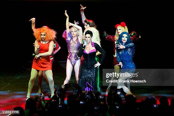 Members of the RuPaul's Drag Race perform live during a concert at the Admiralspalast on April 3, 2016 in Berlin, Germany.