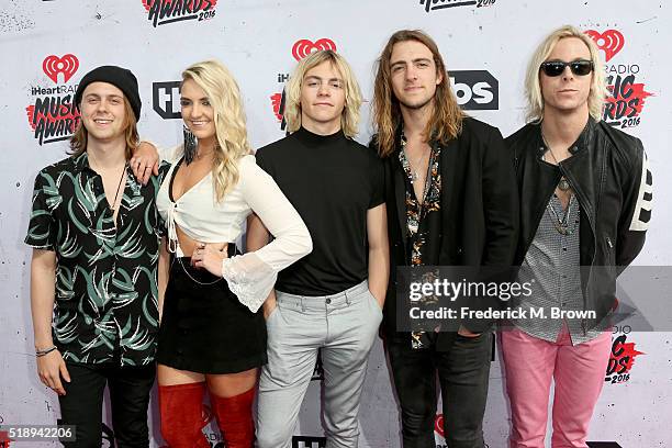 Ellington Ratliff, Rydel Lynch, Ross Lynch, Rocky Lynch and Riker Lynch of musical group R5 attend the iHeartRadio Music Awards at The Forum on April...