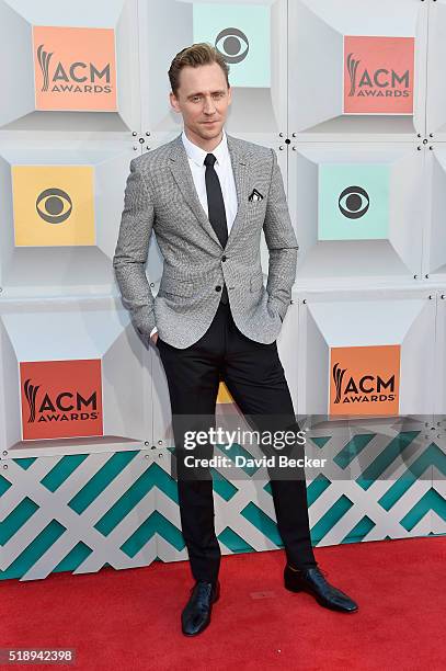 Actor Tom Hiddleston attends the 51st Academy of Country Music Awards at MGM Grand Garden Arena on April 3, 2016 in Las Vegas, Nevada.