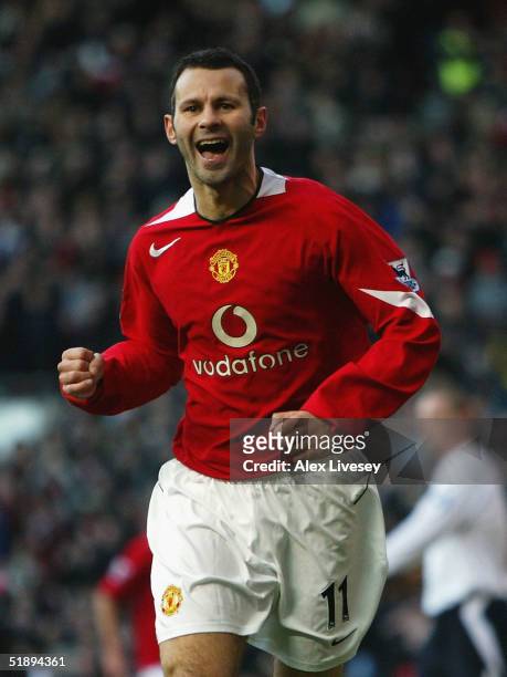 Ryan Giggs of Manchester United celebrates his goal against Bolton Wanderers during the Barclays Premiership match between Manchester United and...
