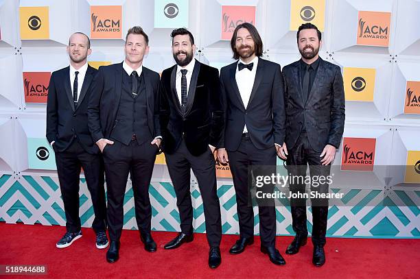 Musicians Whit Sellers, Trevor Rosen, Matthew Ramsey, Brad Tursi and Geoff Sprung of Old Dominion attend the 51st Academy of Country Music Awards at...