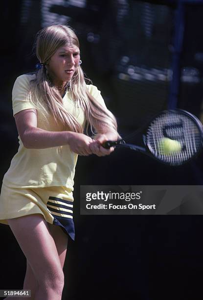 Andrea Jaeger swings at a ball circa 1980's. Jaeger took four grand-slam finals including Wimbledon in 1983 and the 1982 French Open, earning her the...