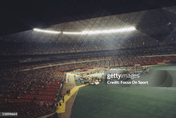 Billie Jean King in a match against Bobby Riggs in front of 30,472 spectators at the Houston Astrodome on September 20, 1973 in Houston, Texas. King...