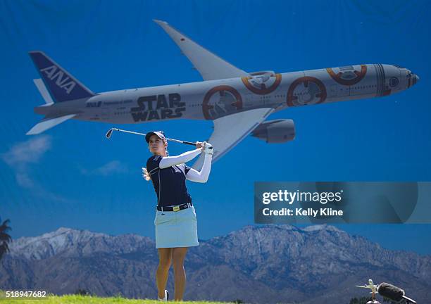 Golfer Azahara Munoz tees off from the 8th hole during the ANA Inspiration at Mission Hills Country Club on March 31, 2016 in Rancho Mirage,...