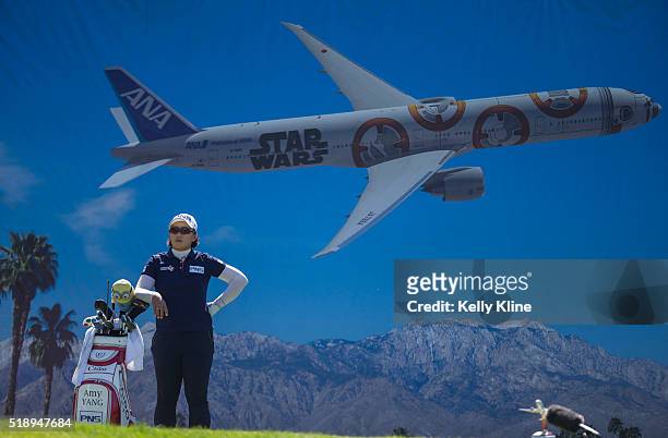 Golfer Amy Yang waits to tee off from the 8th hole during the ANA Inspiration at Mission Hills Country Club on March 30, 2016 in Rancho Mirage,...
