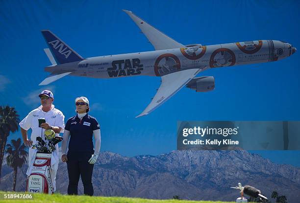 Golfer Amy Yang waits to tee off from the 8th hole during the ANA Inspiration at Mission Hills Country Club on March 31, 2016 in Rancho Mirage,...