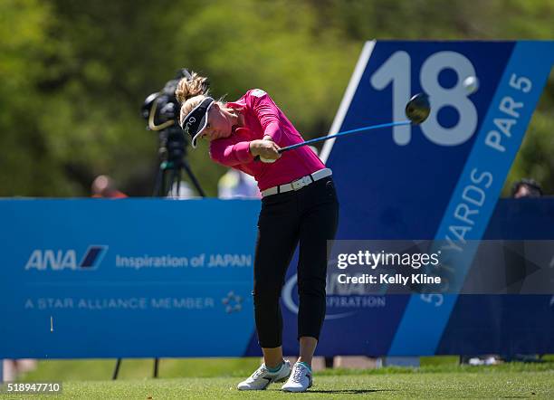 Golfer Brooke Henderson tees off from the 18th hole during the ANA Inspiration at Mission Hills Country Club on March 31, 2016 in Rancho Mirage,...