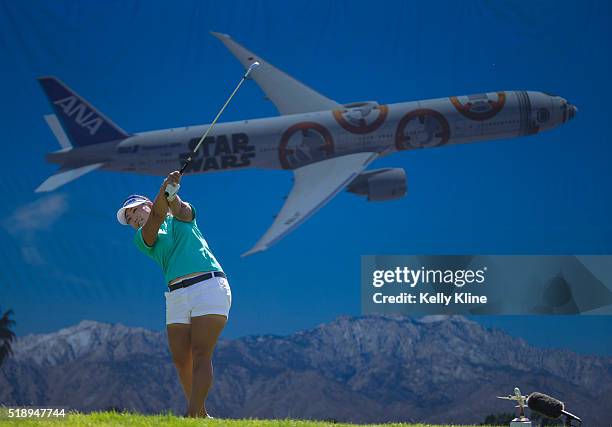 Golfer Mirim Lee tees off from the 8th hole during the ANA Inspiration at Mission Hills Country Club on March 31, 2016 in Rancho Mirage, California.