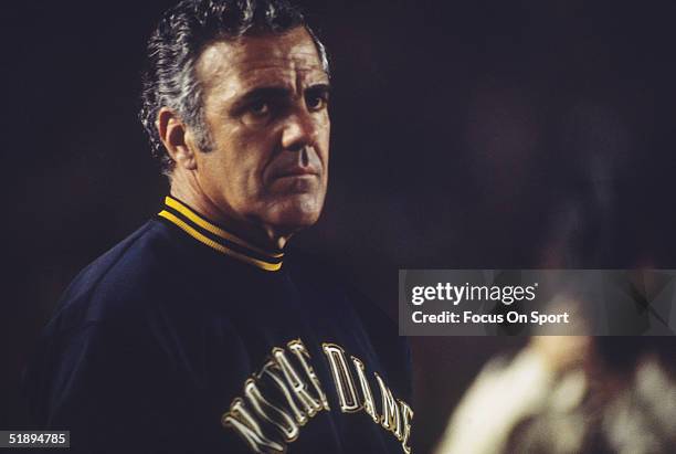 Notre Dame Coach Ara Parseghian watches the action on the field circa 1970's.