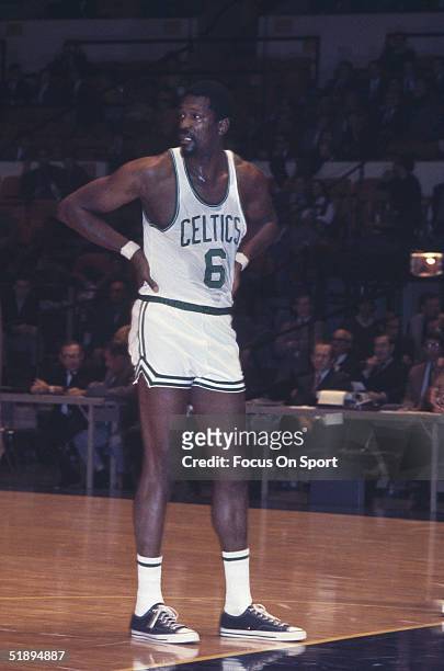 Center Bill Russell stands on the court during a game at the Boston Garden circa 1960's in Boston, Massachusetts.
