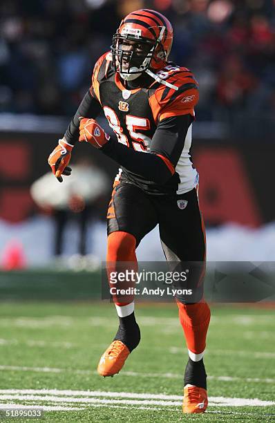 Chad Johnson of the Cincinnati Bengals runs a pass pattern against the New York Giants during the NFL game on December 26, 2004 at Paul Brown Stadium...