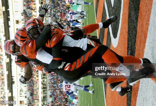 Jon Kitna and Kenny Watson hugs teammate Chad Johnson of the Cincinnati Bengals after catching the winning touchdown pass against the New York Giants...