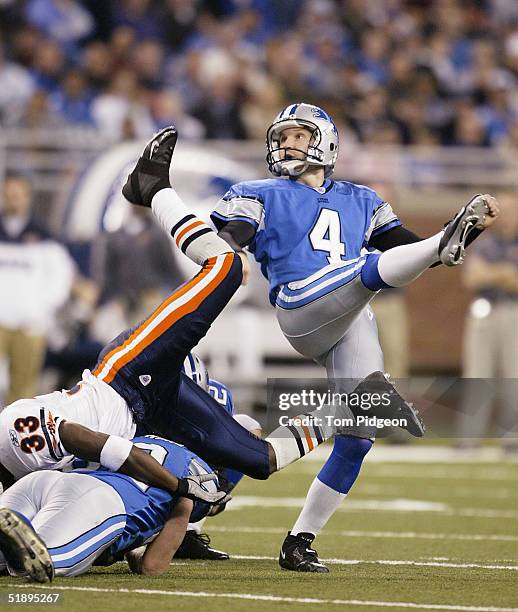 Jason Hanson of the Detroit Lions kicks a field goal in the second quarter against the Chicago Bears at Ford Field on December 26, 2004 in Detroit,...