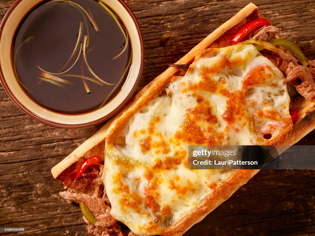 Philly Provolone, Cheese Steak Sandwich with Au jus