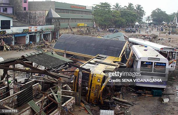 General view of the destroyed central bus terminal in Galle, some 125 kms south of the Sri Lankan capital Colombo 27 December 2004 after tsunami...