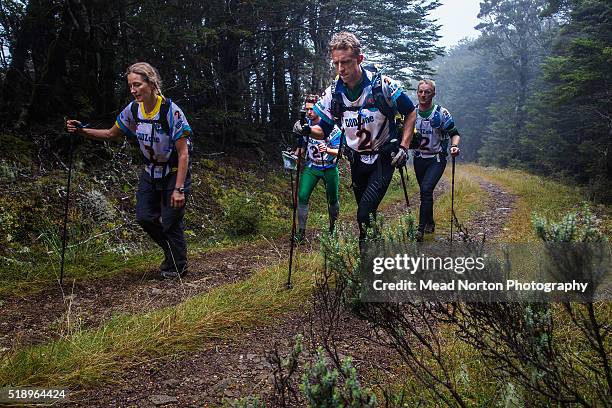 Team Paddy Pallin AR- Dave Meyer, Cameron Darragh, Alina McMaster, Peter Preston trekking down from Bebby's Hut in Nelson Lakes Region at sunrise...