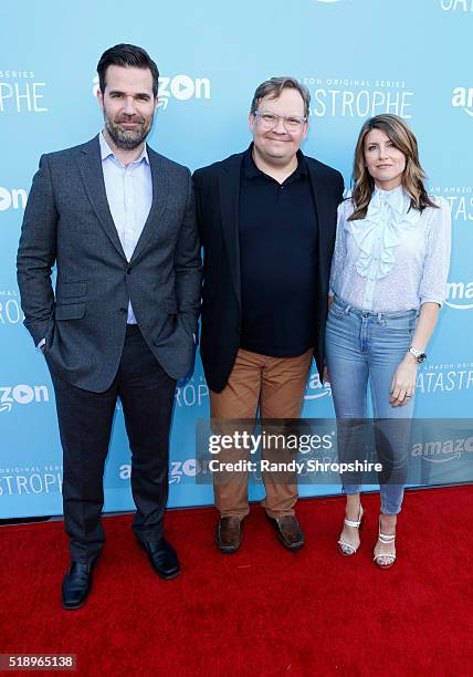 Actor Rob Delaney, Andy Richter and actress Sharon Horgan attend CATASTROPHE Emmy FYC Screening At The London West Hollywood on April 3, 2016 in West...