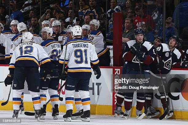 The St. Louis Blues celebrate a goal by Colton Parayko of the St. Louis Blues to take a 3-0 lead in the first period as Matt Duchene, Shawn Matthias...