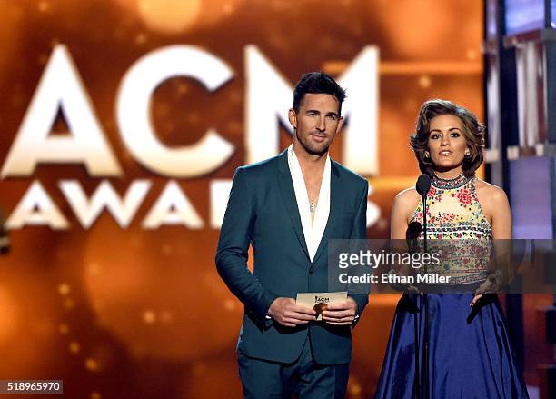 Recording artist Jake Owen and Miss America 2016 Betty Cantrell speak onstage during the 51st Academy of Country Music Awards at MGM Grand Garden...