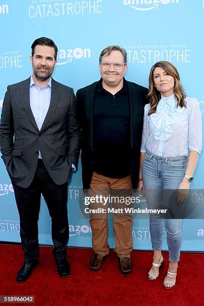 Actors Rob Delaney, Andy Richter, and Sharon Horgan arrive at the screening of Amazon's "Catastrophe" Season 2 at The London Hotel on April 3, 2016...