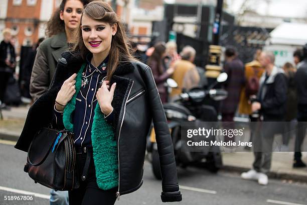 Dutch model Vera Van Erp exits the Topshop Unique show at Tate Britain during London Fashion Week Autumn/Winter 2016/17 on February 21, 2016 in...