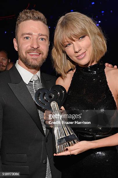 Recording artists Justin Timberlake and Taylor Swift attends the iHeartRadio Music Awards which broadcasted live on TBS, TNT, AND TRUTV from The...