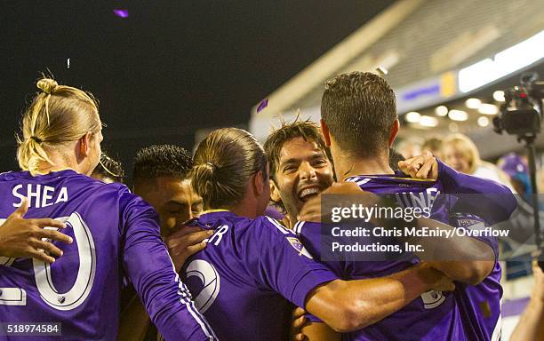 Kaka of Orlando City SC celebrates with his teammate after opening the scoring with an assist to Seb Hines against the Portland Timbers at Citrus...