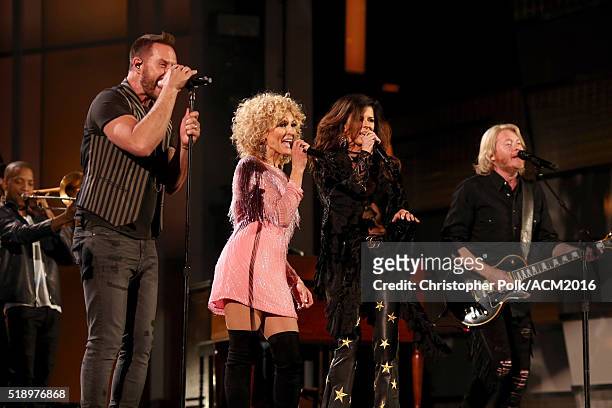 Singers Jimi Westbrook, Kimberly Schlapman, Karen Fairchild, and Philip Sweet of Little Big Town perform onstage at the 51st Academy of Country Music...