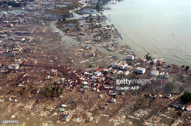 An overview shows Meulaboh city under water 28 December 2004, after a quake and tidal waves hit Aceh province early December 26. Efforts to rush...