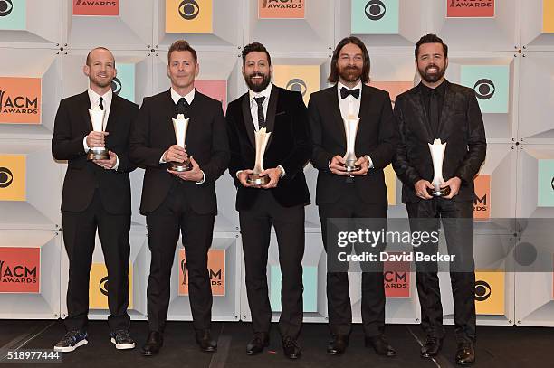 Singers Whit Sellers, Trevor Rosen, Matthew Ramsey, Brad Tursi, and Geoff Sprung of Old Dominion, winners of New Vocal Duo or Group of the Year, pose...