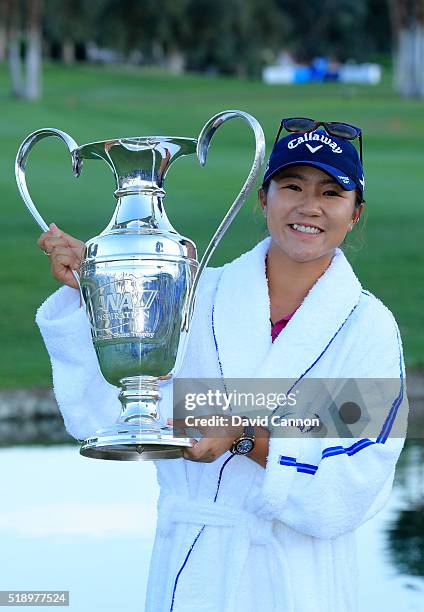 Lydia Ko of New Zealand holds thr trophy after the final round of the 2016 ANA Inspiration at the Mission Hills Country Club on April 3, 2016 in...