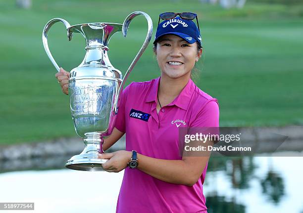Lydia Ko of New Zealand holds thr trophy after the final round of the 2016 ANA Inspiration at the Mission Hills Country Club on April 3, 2016 in...