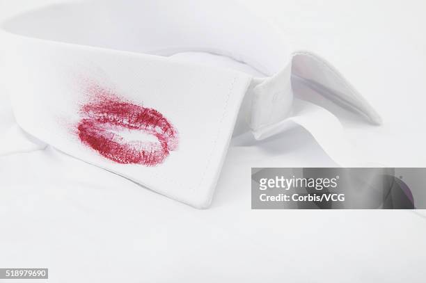 smudged lipstick kiss on a white collar - collar stock pictures, royalty-free photos & images