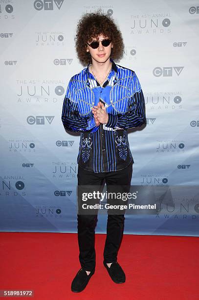 Francesco Yates arrives at the 2016 Juno Awards at Scotiabank Saddledome on April 3, 2016 in Calgary, Canada.