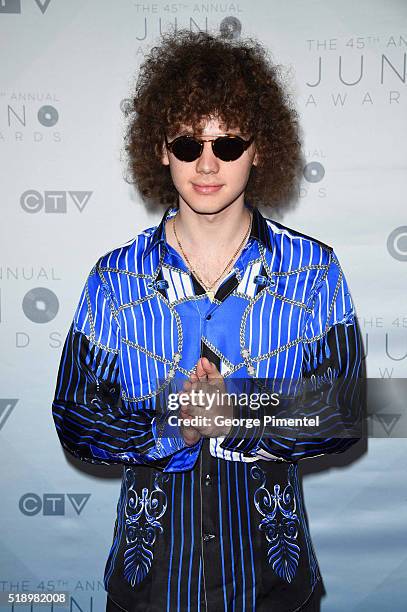 Francesco Yates arrives at the 2016 Juno Awards at Scotiabank Saddledome on April 3, 2016 in Calgary, Canada.