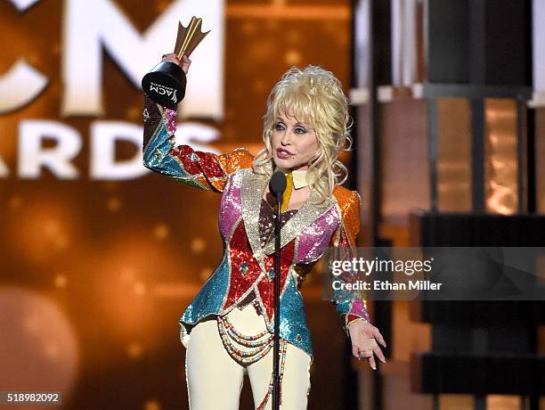 Honoree Dolly Parton accepts the Tex Ritter Award onstage during the 51st Academy of Country Music Awards at MGM Grand Garden Arena on April 3, 2016...