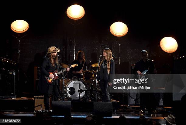 Recording artists Chris Stapleton and Morgane Stapleton perform onstage during the 51st Academy of Country Music Awards at MGM Grand Garden Arena on...