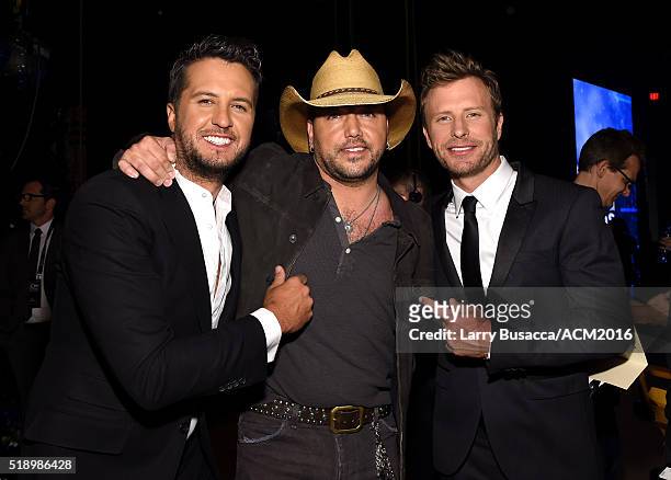 Recording artists Luke Bryan, Jason Aldean and Dierks Bentley pose backstage at the 51st Academy of Country Music Awards at MGM Grand Garden Arena on...