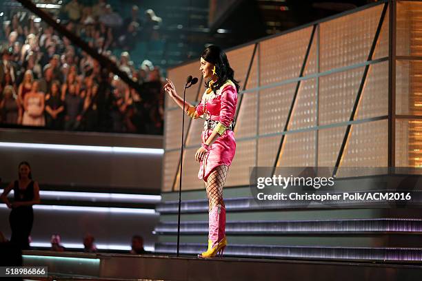 Singer Katy Perry speaks onstage at the 51st Academy of Country Music Awards at MGM Grand Garden Arena on April 3, 2016 in Las Vegas, Nevada.