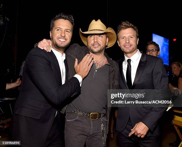 Recording artists Luke Bryan, Jason Aldean and Dierks Bentley pose backstage at the 51st Academy of Country Music Awards at MGM Grand Garden Arena on...