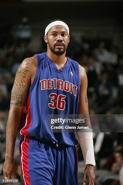 Rasheed Wallace of the Detroit Pistons stands on the court during the game against the Dallas Mavericks on December 6, 2004 at the American Airlines...