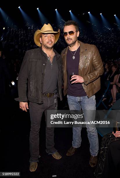 Recording artists Jason Aldean and Eric Church pose backstage at the 51st Academy of Country Music Awards at MGM Grand Garden Arena on April 3, 2016...