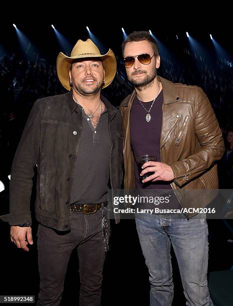 Recording artists Jason Aldean and Eric Church pose backstage at the 51st Academy of Country Music Awards at MGM Grand Garden Arena on April 3, 2016...