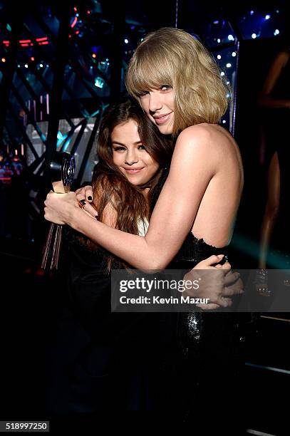 Recording artists Selena Gomez and Taylor Swift backstage at the iHeartRadio Music Awards which broadcasted live on TBS, TNT, AND TRUTV from The...