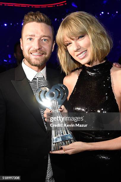 Recording artists Justin Timberlake and Taylor Swift backstage at the iHeartRadio Music Awards which broadcasted live on TBS, TNT, AND TRUTV from The...