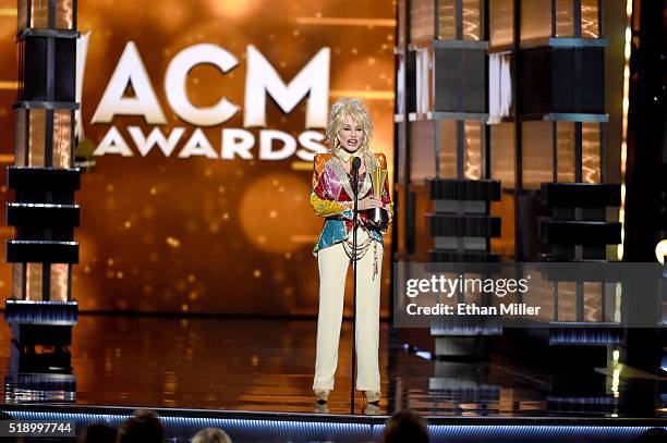 Honoree Dolly Parton accepts the Tex Ritter Award onstage during the 51st Academy of Country Music Awards at MGM Grand Garden Arena on April 3, 2016...